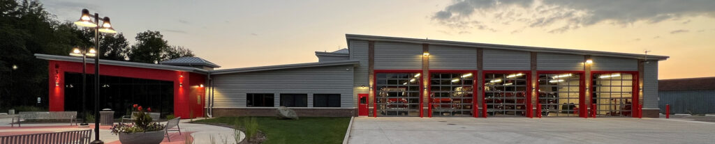 Paw Paw Fire Department facade at dusk